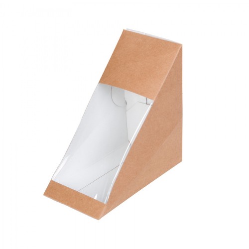 Cutii biodegradabile triunghi sandwich, carton maro si PLA, 400 ml, set 150 buc