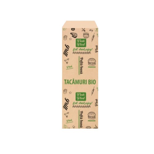 Pungi biodegradabile pentru tacamuri, hartie natur, print Fresh Food, 8x24 cm, set 2000 buc