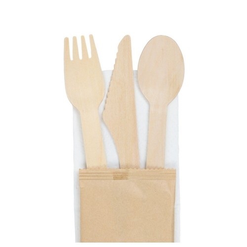 Set tris biodegradabil ambalat individual furculita + cutit + lingura + servetel, lemn, 16 cm, set 50 buc