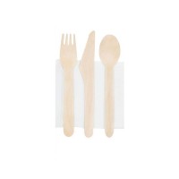 Set tris ambalat individual furculita + cutit + lingura + servetel, lemn, 16.5 cm, set 100 buc Set tris ambalat individual furculita + cutit + lingura + servetel, lemn, 16.5 cm, set 100 buc
